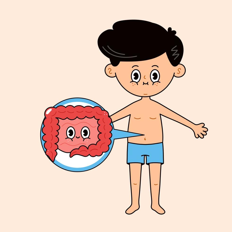 uomo con l'icona dell'intestino in una bolla. vettore disegnato a mano stile doodle cartone animato tradizionale vintage, carattere retrò illustrazione icona design. simpatico personaggio mascotte ragazzo e intestino