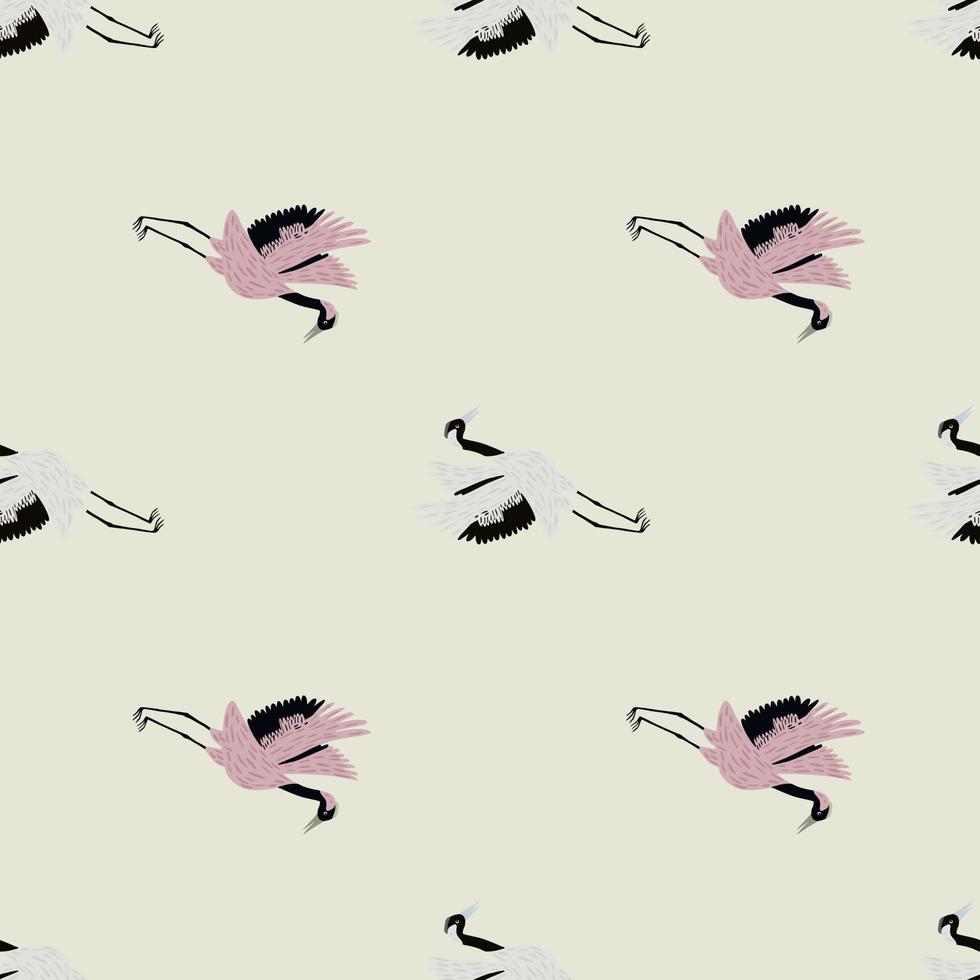 toni pastello bianco e rosa gru uccello animale motivo senza cuciture in stile doodle. sfondo grigio chiaro. impronta animale. vettore