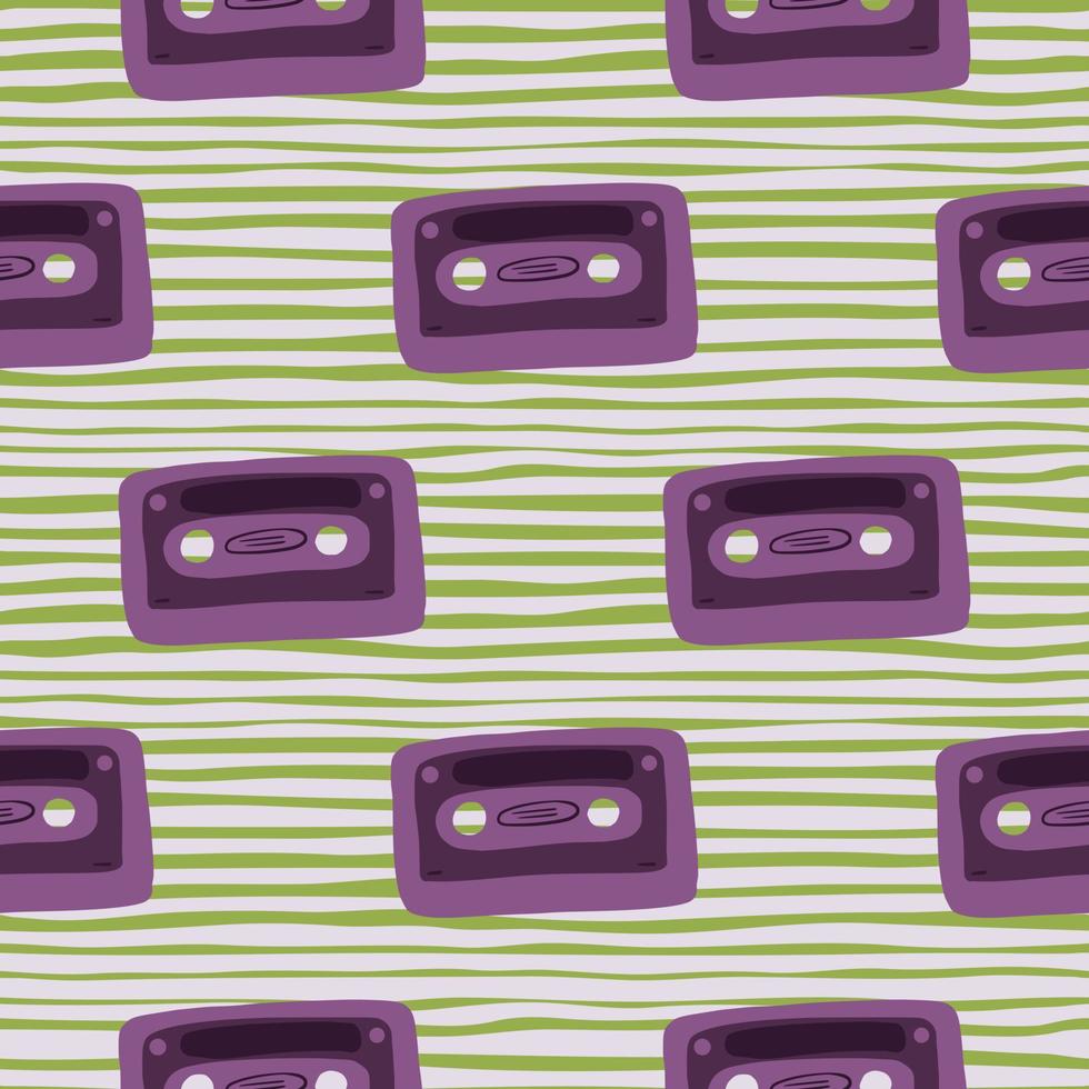 modello senza cuciture di doodle di cassetta viola. stampa discoteca su sfondo verde spogliato. stampa hipster. vettore