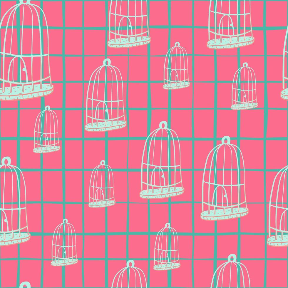 modello astratto casuale senza cuciture con forme leggere di gabbia per uccelli. sfondo a scacchi rosa. vettore