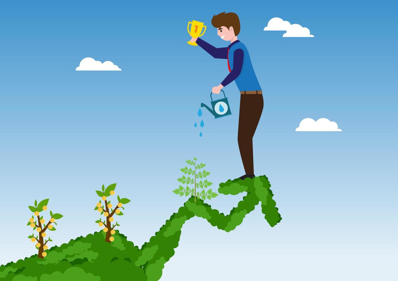 il personaggio maschile sta innaffiando le piante e osservando la crescita dell'investimento. con il trofeo del successo piatto fumetto illustrazione vettoriale