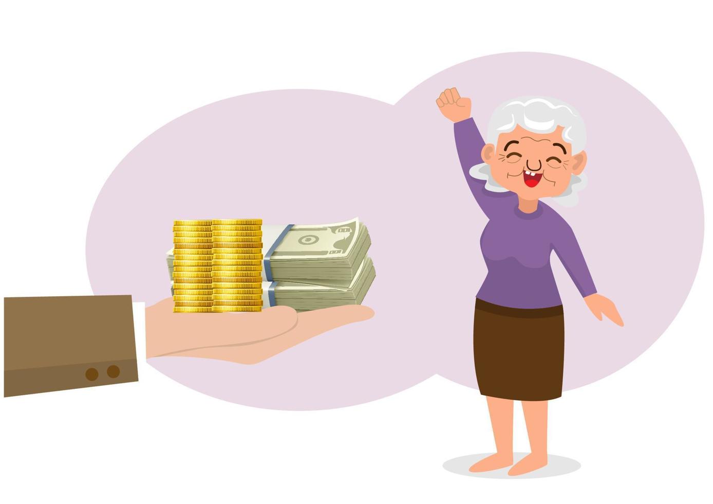 idee imprenditoriali e guadagni da spendere dopo il pensionamento, il personaggio di una donna anziana ottiene un sacco di soldi. vettore di illustrazione del fumetto in stile piatto