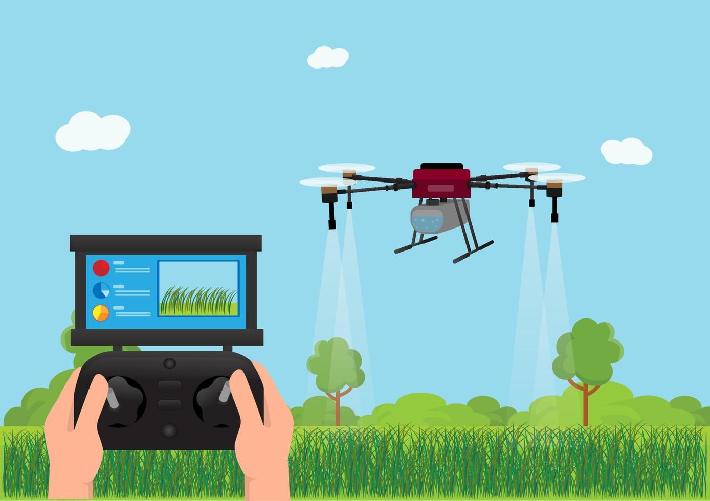 gli agricoltori controllano l'uso dei droni per spruzzare fertilizzanti sulle risaie. illustrazione vettoriale del concetto di innovazione tecnologica agricola