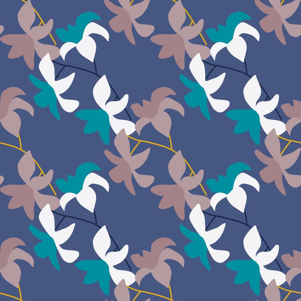 motivo tropicale senza cuciture con stampa di elementi di fiori hawaii disegnati a mano. sfondo blu navy. vettore