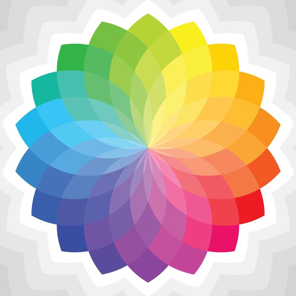 motivi floreali colorati nei toni dell'arcobaleno. teoria del colore sfumato a forma di mandala. elementi di design per pubblicazioni, copertine, cartoline, poster, volantini, brochure, banner, pareti. illustrazioni vettoriali. vettore