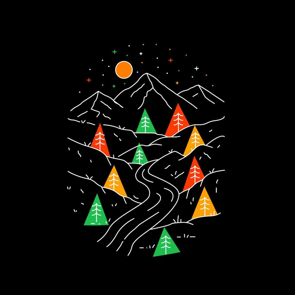 vista del fiume, della foresta e della montagna - line art linea mono per pin illustrazione grafica vector art t-shirt design
