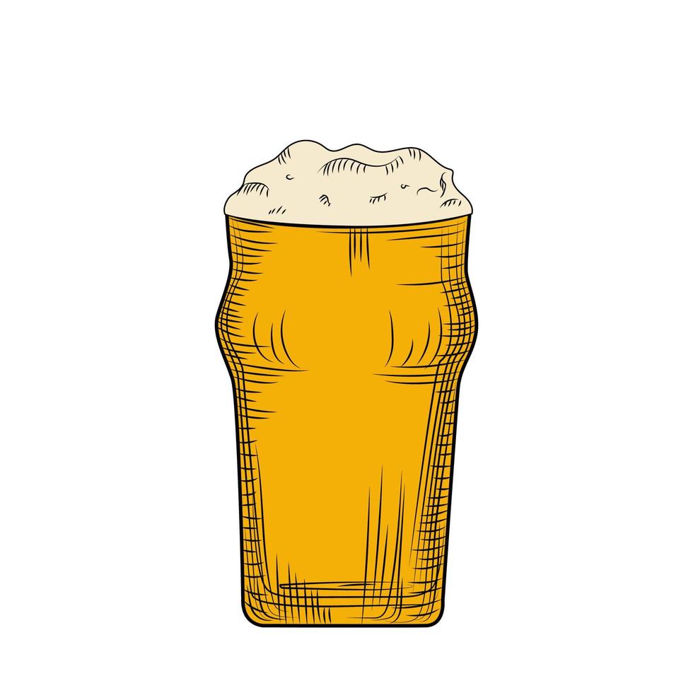 pilsner in vetro pieno di birra con schiuma. stile di incisione. disegnato a mano vettore