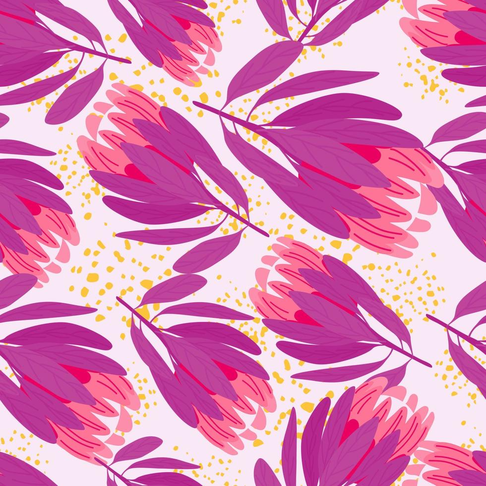 fiori di protea viola e rosa casuali disegnati a mano senza cuciture. stampa isolata con schizzi. vettore