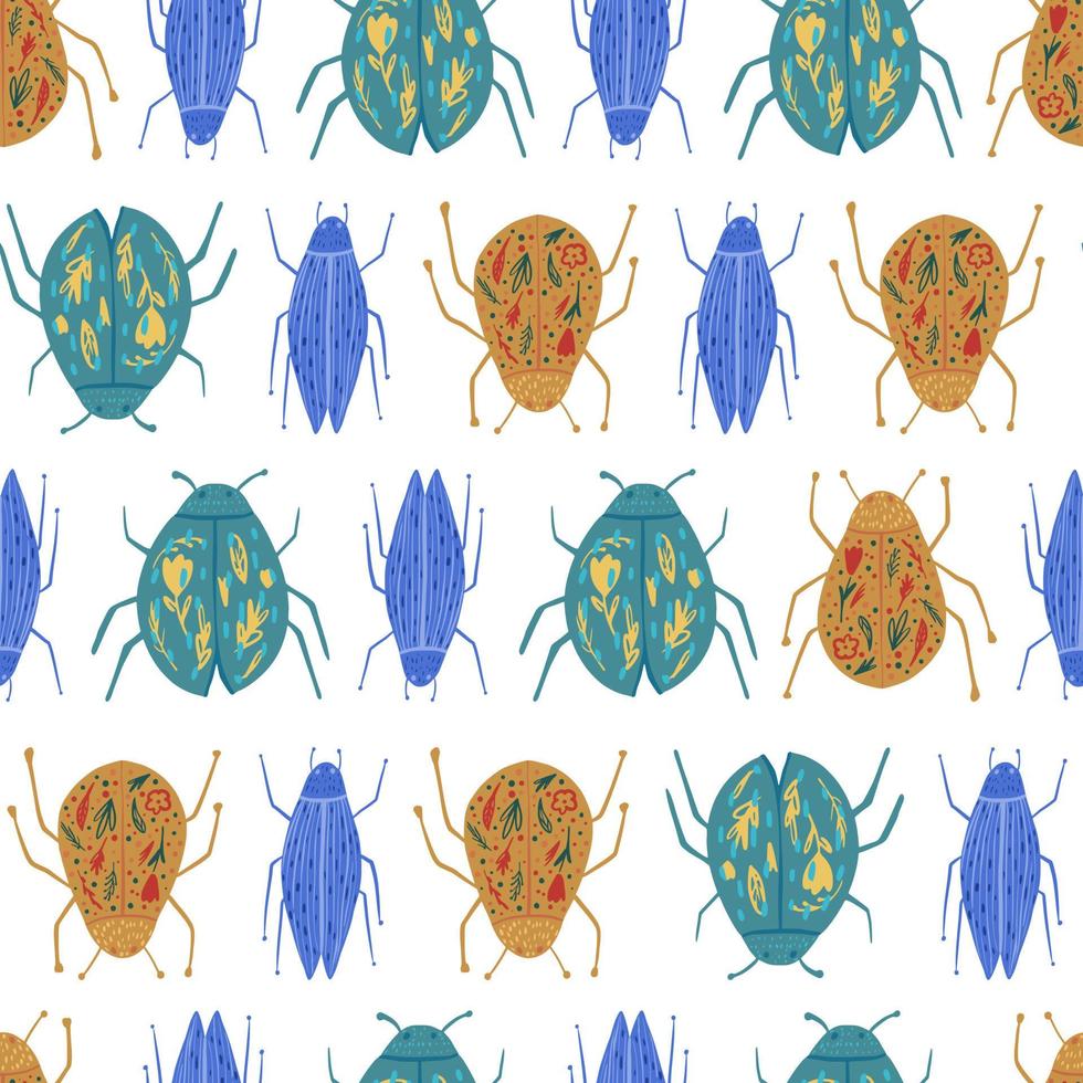 bug seamless pattern isolato su sfondo bianco. carta da parati divertente scarabeo. ornamento geometrico dell'insetto. vettore