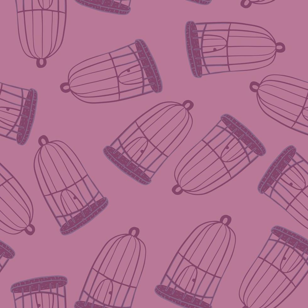 modello casuale senza cuciture con sagome di gabbia per uccelli sagomate viola. sfondo viola. vettore