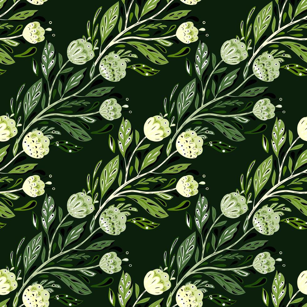 modello senza cuciture bouquet folk in stile doodle creativo. sfondo nero. ornamento fogliame verde con fiori. vettore