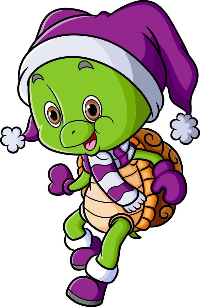 la tartaruga felice cammina con il costume invernale vettore