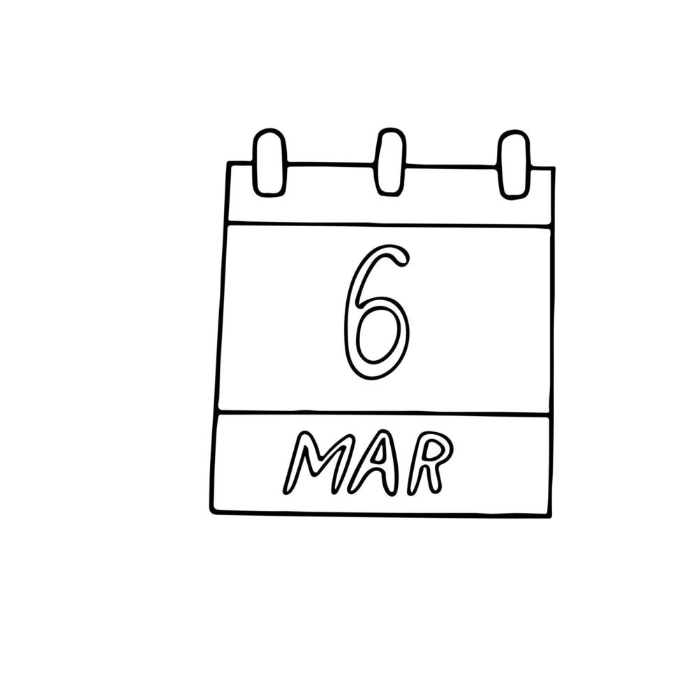 calendario disegnato a mano in stile doodle. 6 marzo, giornata internazionale del dentista, data. icona, adesivo, elemento di design vettore