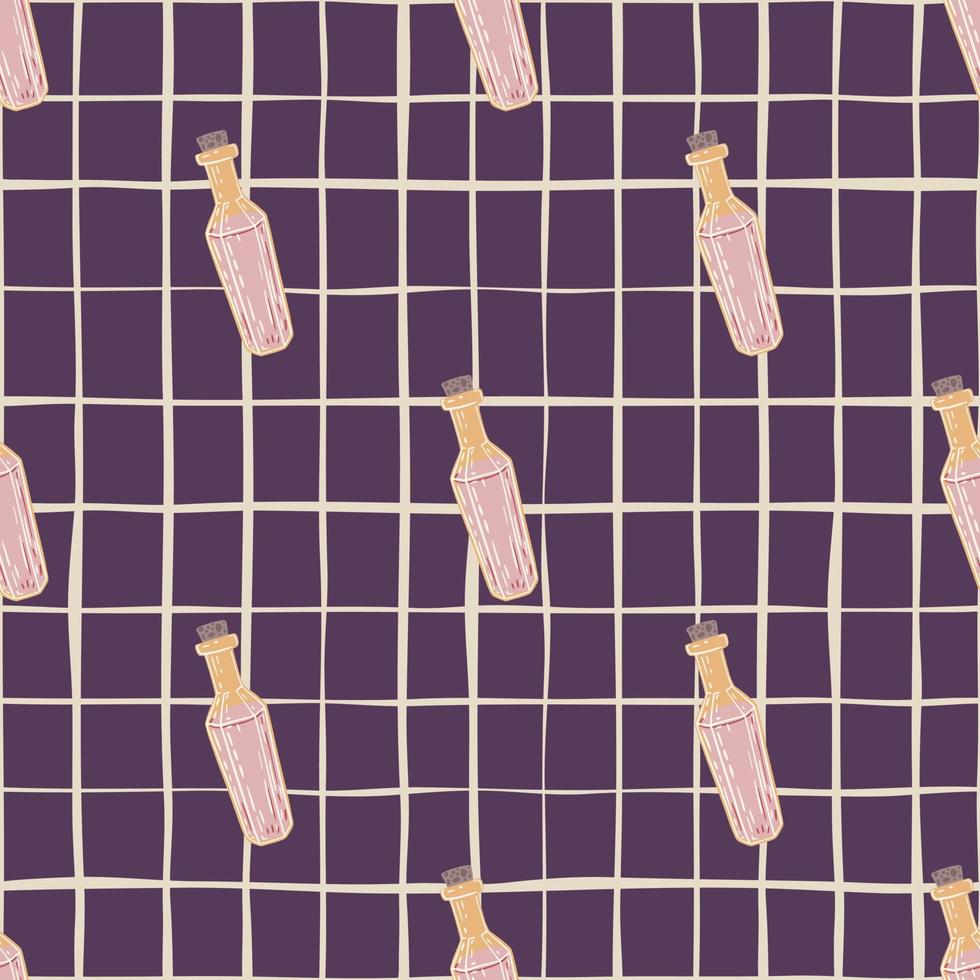alchimia magica modello senza cuciture con bottiglie di pozione rosa doodle. sfondo a scacchi viola. vettore