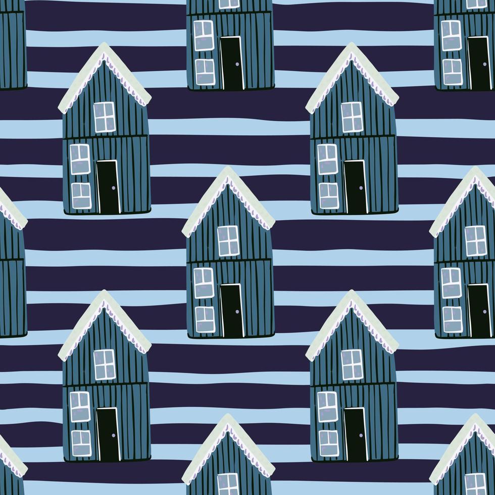 modello di costruzione senza cuciture della casa a schiera con l'ornamento della casa in legno blu. sfondo a righe. vettore