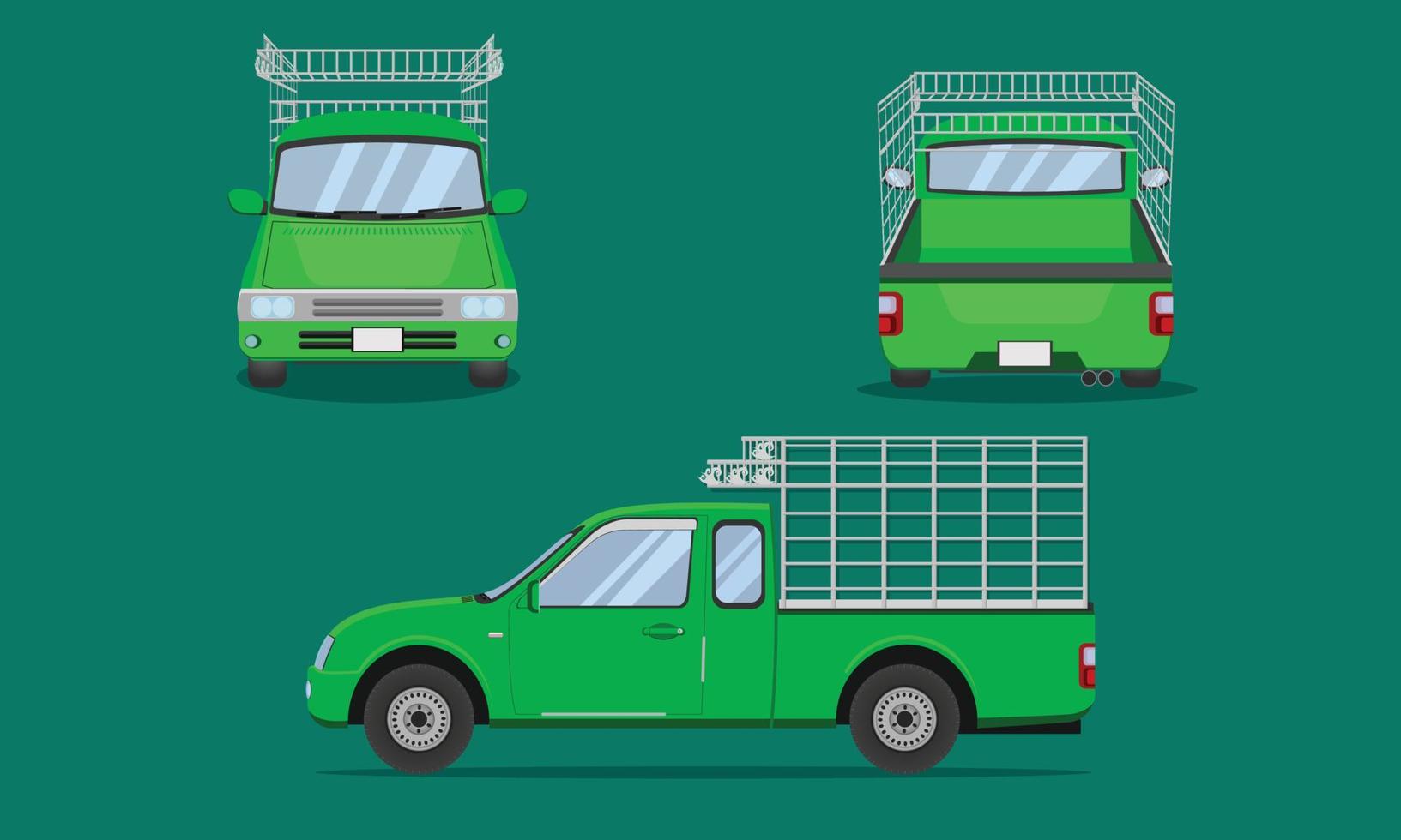 il camioncino con cabina verde ha un telaio in acciaio. vista frontale, laterale, posteriore. illustrazione vettoriale eps10.