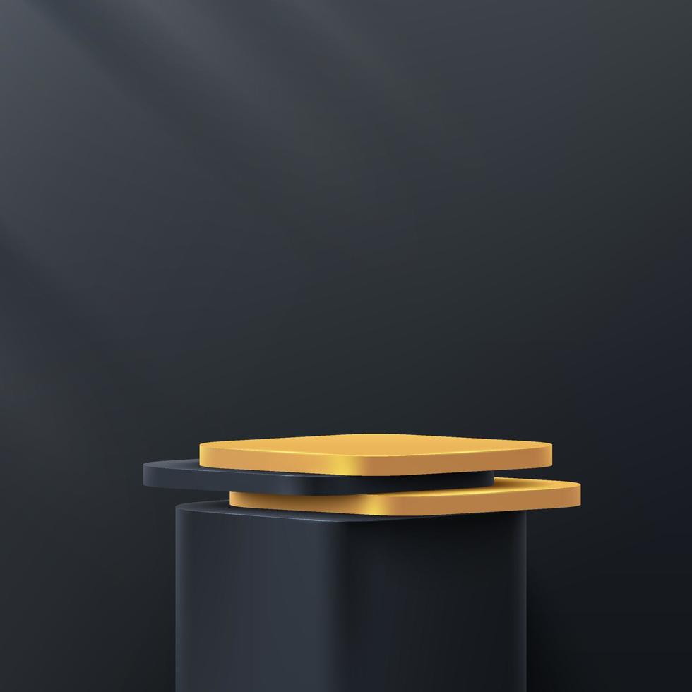 podio di lusso con piedistallo a cubo ad angolo rotondo nero e oro in una stanza vuota nera. rendering vettoriale astratto forma 3d per la presentazione di prodotti cosmetici. scena di parete minimale, studio.