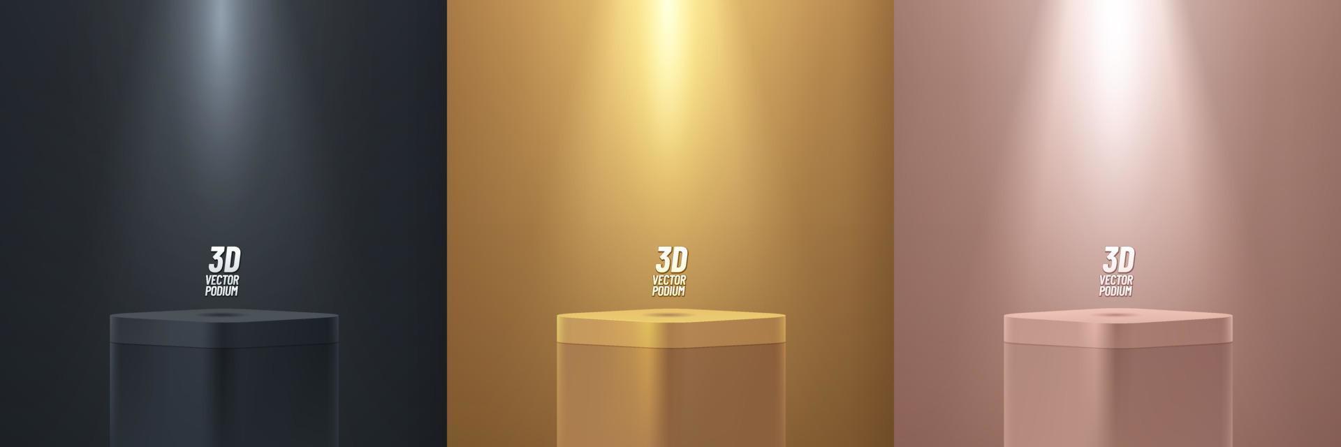 set di display per podio con piedistallo ad angolo rotondo in oro, nero, oro rosa su sfondo vuoto. rendering vettoriale di lusso astratto forma 3d per la presentazione dei prodotti. scena di parete minimale, studio.