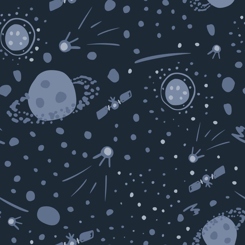 modello senza cuciture dello spazio scuro con pianeti, stelle e satelliti. sfondo blu navy. opera d'arte cosmica stilizzata. vettore