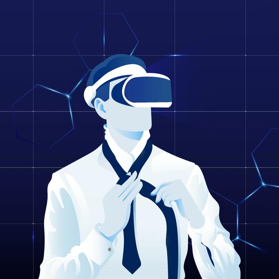 uomo che sperimenta la realtà virtuale utilizzando l'auricolare. illustrazione dello sfondo vettoriale della tecnologia del mondo informatico digitale del metaverso