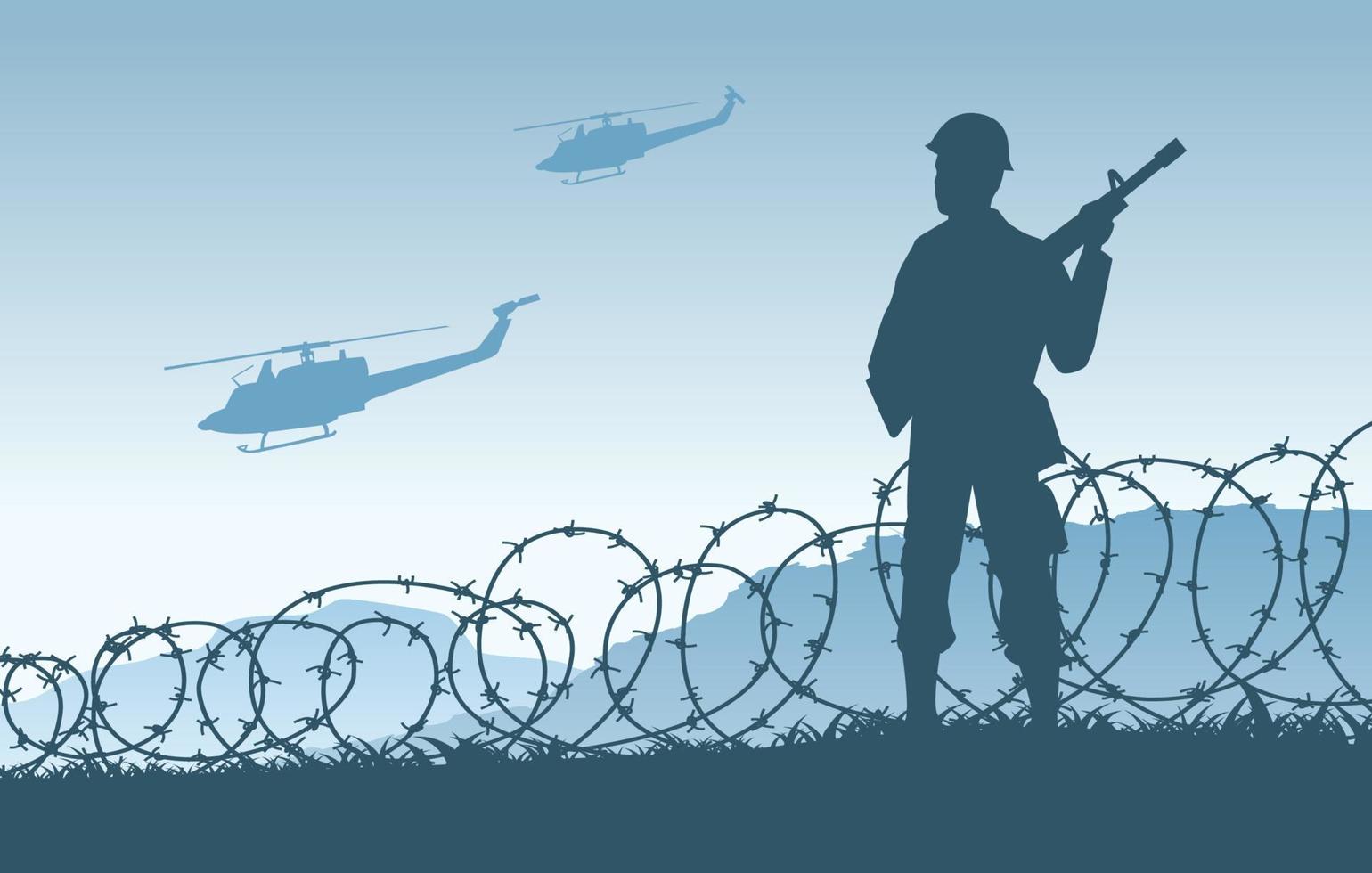 disegno della siluetta del soldato di guardia in piedi e tenere la pistola al confine vettore