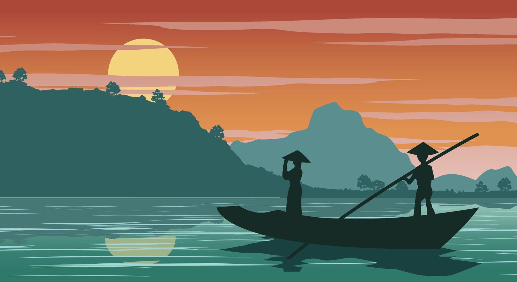 donna vietnamita sulla barca per tornare a casa all'ora del tramonto vettore
