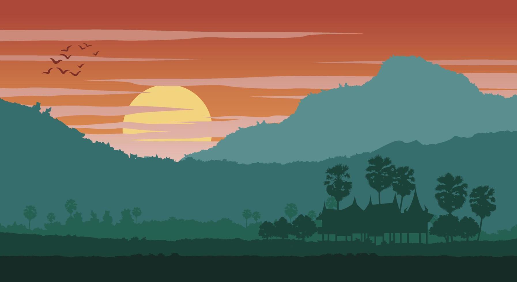 scenario di silhouette del paesaggio di campagna dell'asia sull'area tropicale con palme e la casa all'ora del tramonto vettore