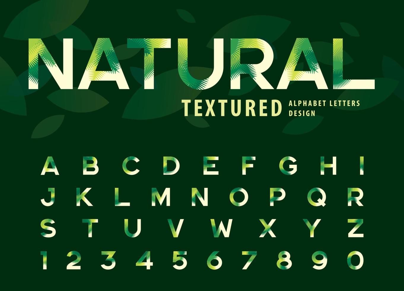 foglie texture leggere lettere e numeri dell'alfabeto, moderni caratteri di lettere di foglie di palma. vettore