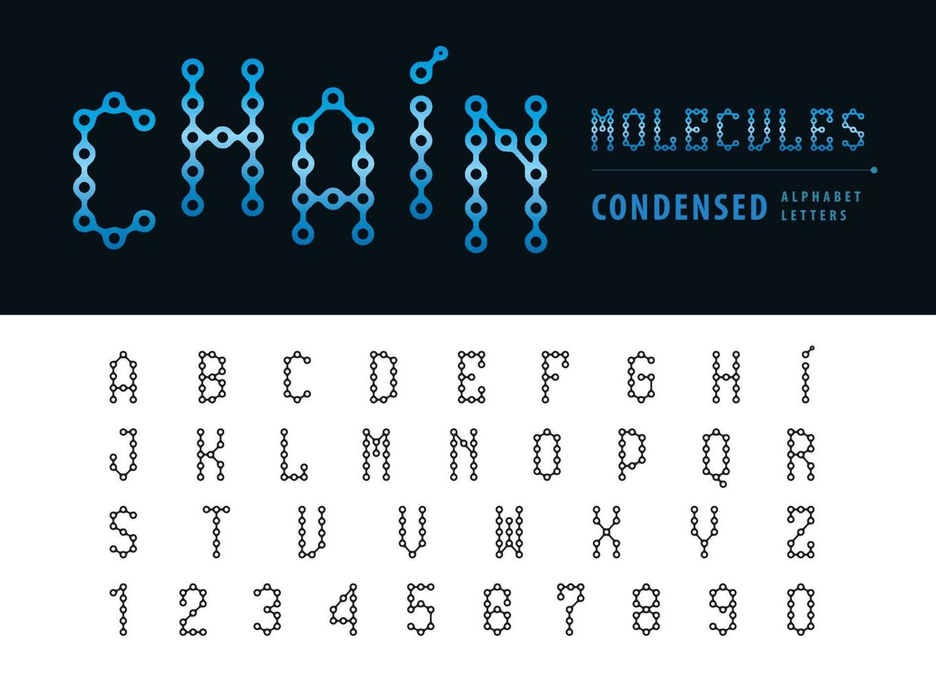 lettere e numeri dell'alfabeto a catena astratta, lettera di carattere condensato molecola vettore