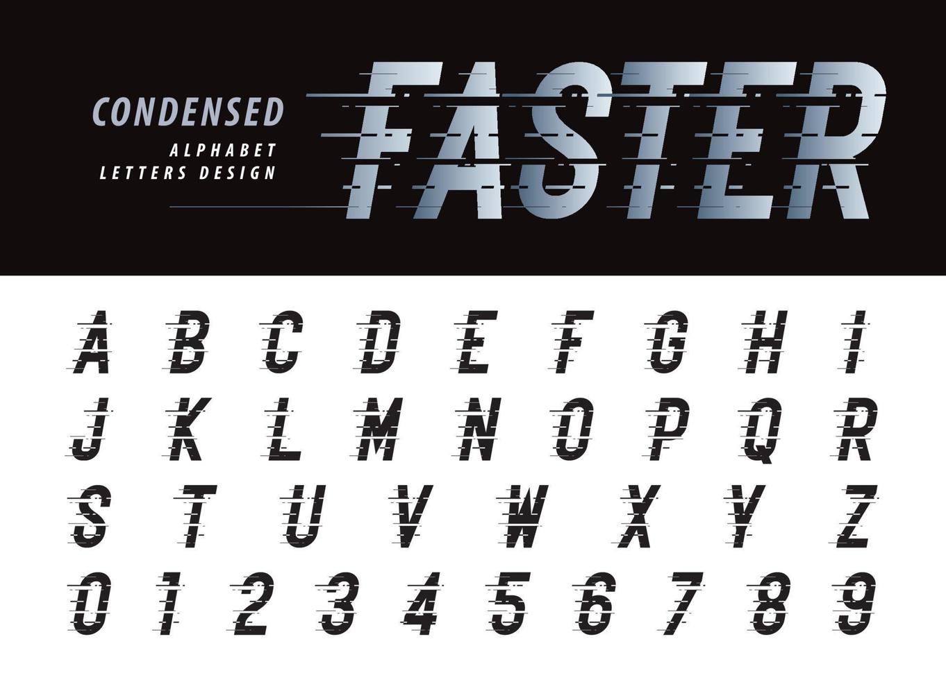 lettere e numeri dell'alfabeto corsivo condensato glitch moderno, vettore di caratteri di lettere stilizzate lineari grunge