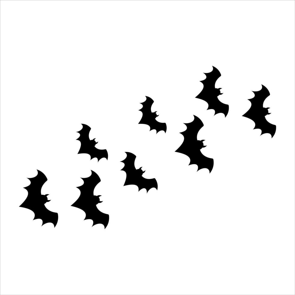 gruppo di pipistrelli volanti isolato su sfondo bianco. sagome di pipistrello notturno nero. halloween, orrore, icona del pipistrello. illustrazione vettoriale, design piatto. vettore