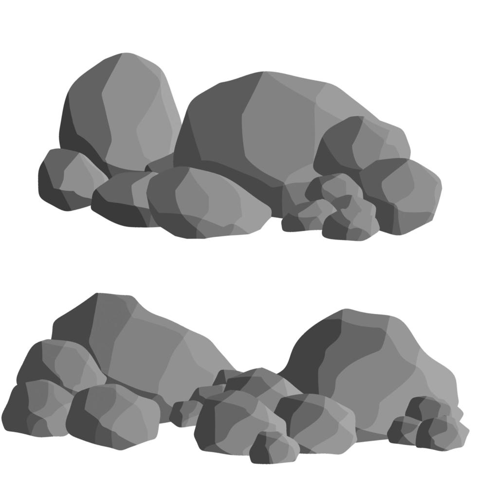 set di pietre di granito grigio di diverse forme. elemento della natura, montagne, rocce, grotte. minerali, masso e ciottoli isolati su bianco vettore