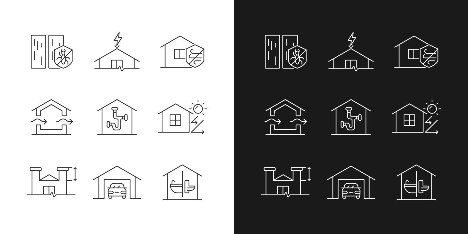 standard di costruzione domestica icone lineari impostate per la modalità scura e chiara. gestione dei parassiti. resistenza agli agenti atmosferici. simboli di linee sottili personalizzabili. illustrazioni di contorno vettoriale isolate. tratto modificabile