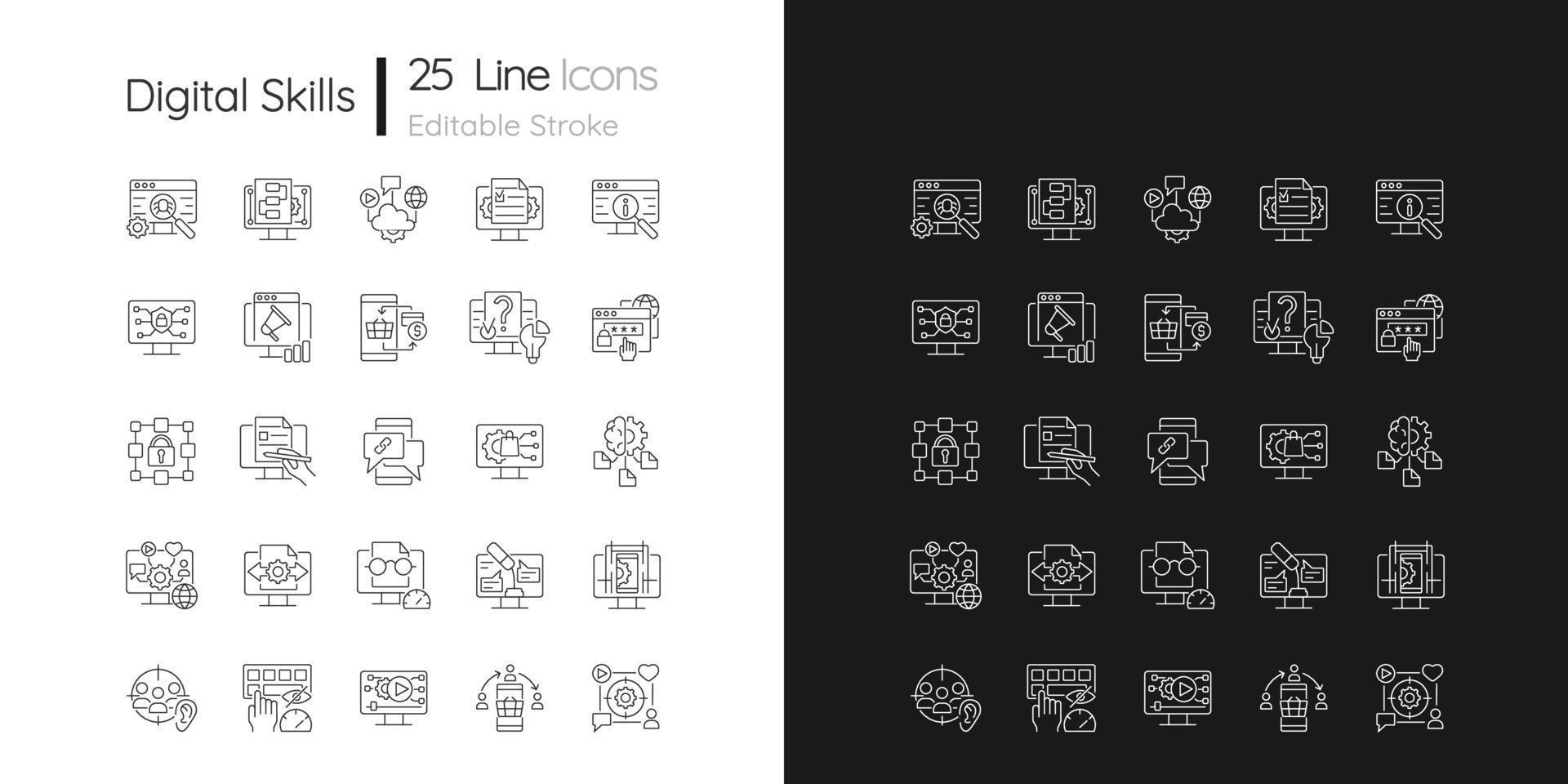 icone lineari delle abilità digitali impostate per la modalità scura e chiara. acquisire competenze di alfabetizzazione nell'era digitale. simboli di linee sottili personalizzabili. illustrazioni di contorno vettoriale isolate. tratto modificabile