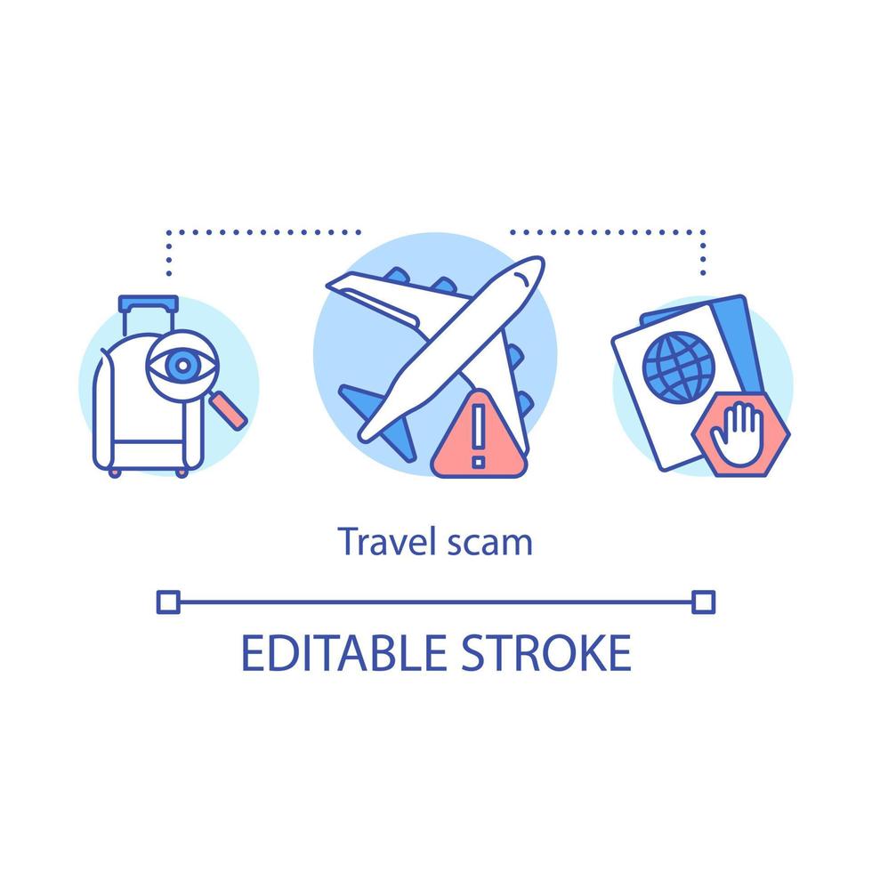 icona della truffa di viaggio. illustrazione al tratto sottile dell'idea dell'incidente di frode aeroportuale. biglietti aerei falsi. rubare passaporto, bagagli, merci. false agenzie turistiche. disegno di contorno isolato vettoriale. tratto modificabile vettore