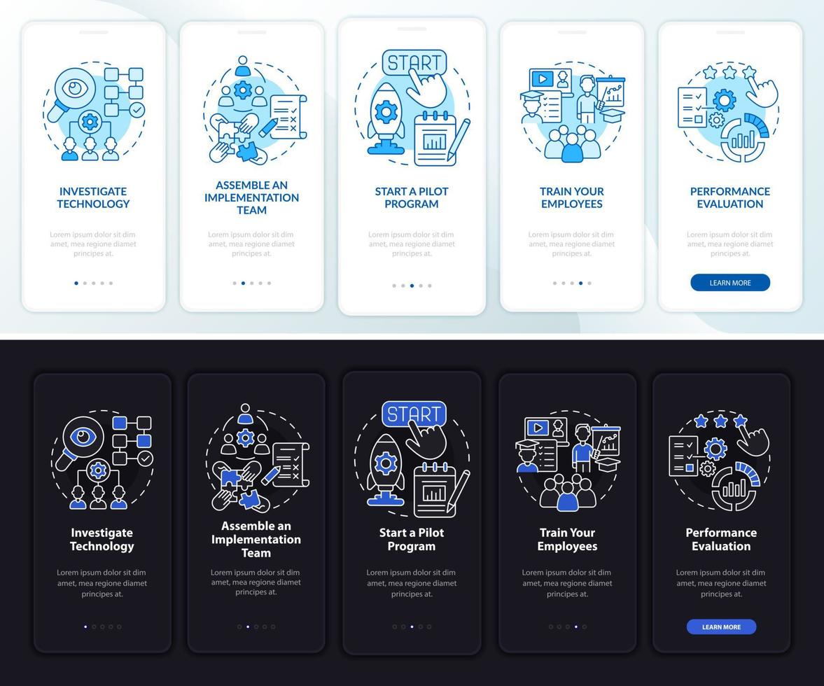 passaggi di esecuzione della tecnologia per l'onboarding della schermata della pagina dell'app mobile. procedura dettagliata di integrazione 5 passaggi istruzioni grafiche con concetti. modello vettoriale ui, ux, gui con illustrazioni in modalità notte e giorno lineari