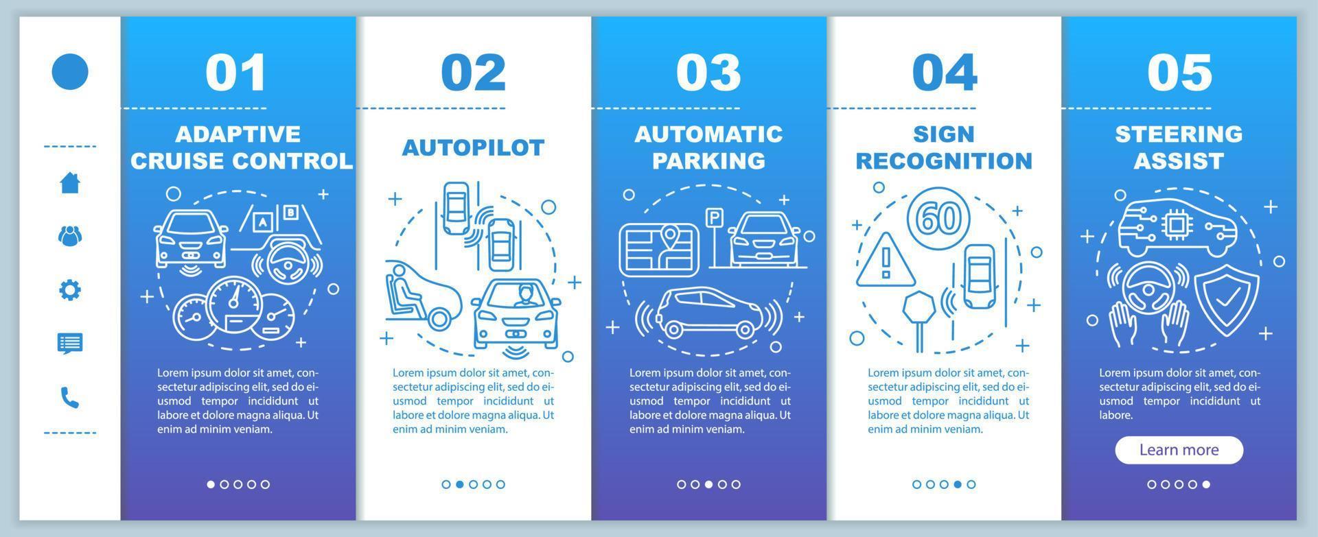 l'auto a guida autonoma include il modello vettoriale di pagine Web mobili a bordo. idea di interfaccia del sito Web per smartphone reattiva con illustrazioni lineari. schermate dei passaggi della procedura guidata della pagina Web. concetto di colore