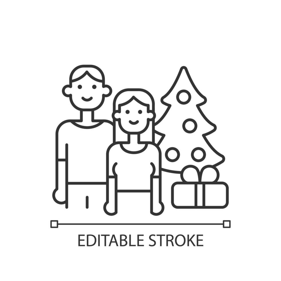 coppia che trascorre il natale insieme icona lineare. vacanze con partner. attività invernale in famiglia. illustrazione personalizzabile a linea sottile. simbolo di contorno. disegno di contorno isolato vettoriale. tratto modificabile vettore