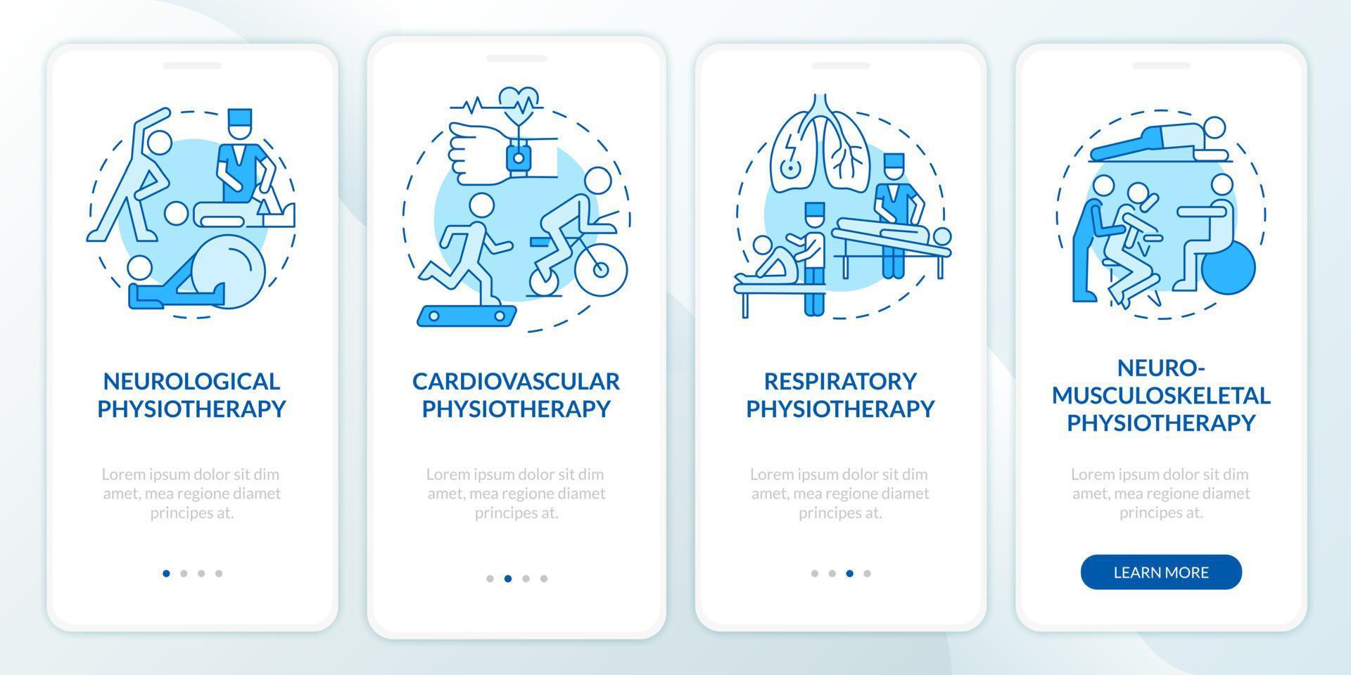 schermata della pagina dell'app mobile di onboarding blu di fisioterapia. tipi di terapia fisica procedura dettagliata 4 passaggi istruzioni grafiche con concetti. modello vettoriale ui, ux, gui con illustrazioni a colori lineari