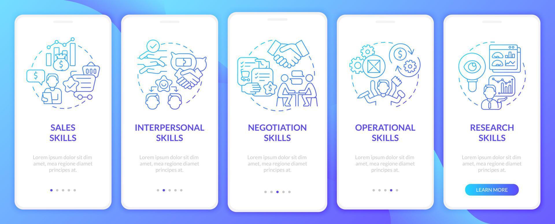 competenze per la schermata della pagina dell'app mobile di onboarding del grossista. procedura dettagliata per avviare l'attività 5 passaggi istruzioni grafiche con concetti. modello vettoriale ui, ux, gui con illustrazioni a colori lineari