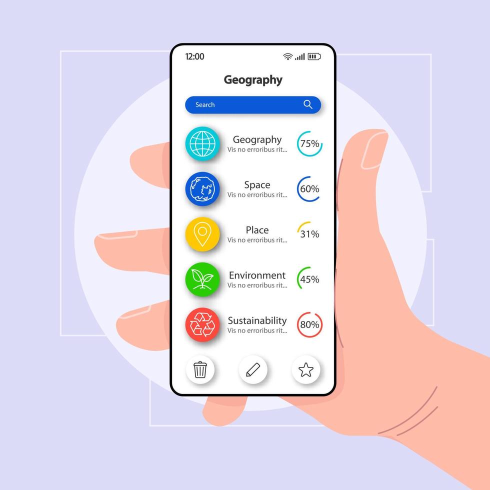 modello di vettore dell'interfaccia smartphone del libro di testo di geografia. layout di design bianco della pagina dell'app mobile. schermata del tutorial di autoapprendimento. interfaccia utente piatta per l'applicazione. mano che tiene il telefono con lo strumento elearning sul display