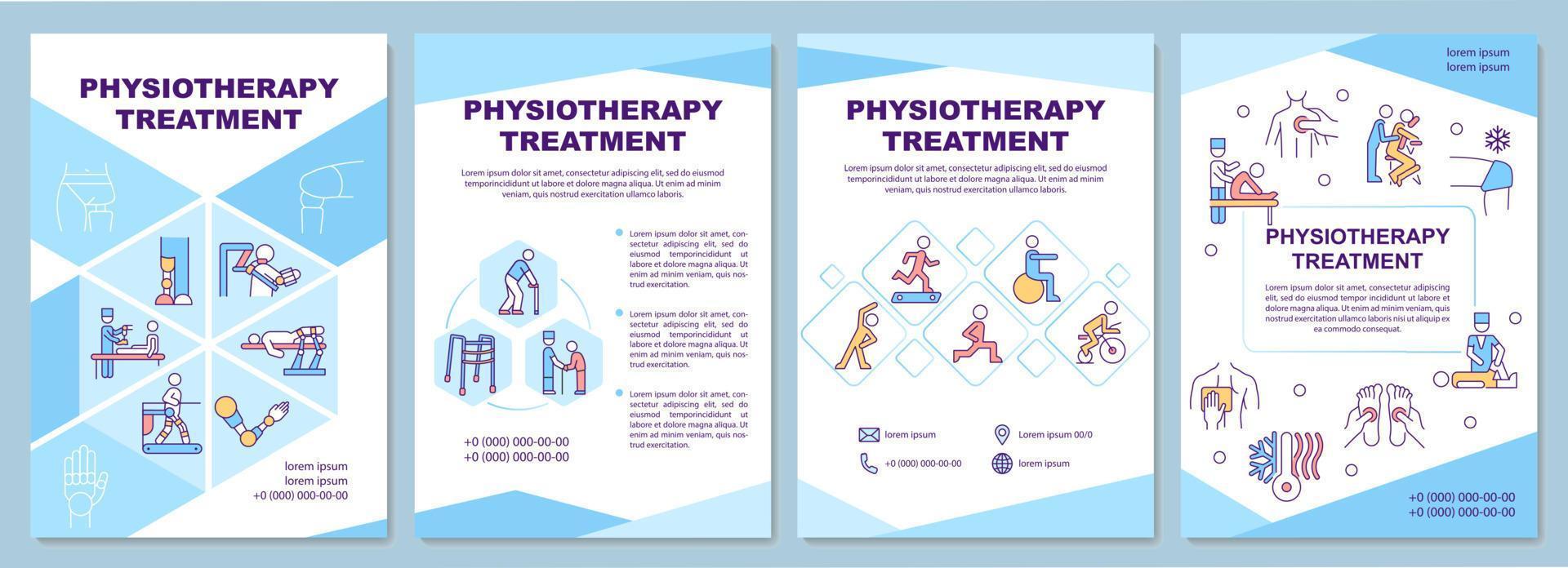 modello di brochure per il trattamento di fisioterapia. assistenza sanitaria fisica. volantino, opuscolo, stampa depliant, copertina con icone lineari. layout vettoriali per presentazioni, relazioni annuali, pagine pubblicitarie