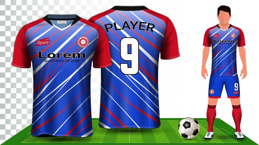 Modello di mockup di presentazione di Soccer Jersey e Football Kit, vista frontale e posteriore, compreso l&#39;uniforme per abbigliamento sportivo. vettore