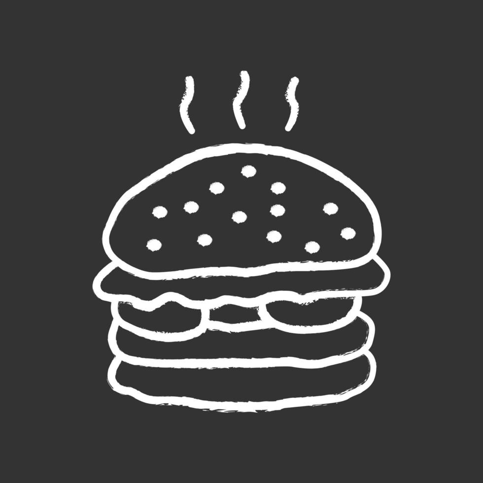 deliziosa icona di gesso per hamburger. panino tradizionale, illustrazione della lavagna vettoriale isolata cibo spazzatura. alimentazione malsana, cibo nocivo, simbolo del servizio da asporto. tortino alla griglia con focacce e verdure