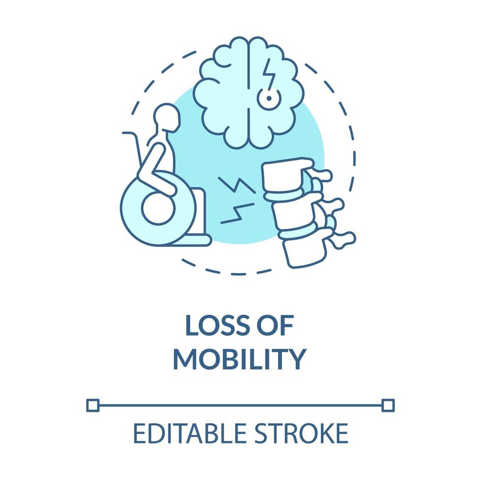 icona blu del concetto di perdita di mobilità. persona con disabilità. disturbo neurologico. illustrazione di linea sottile di idea astratta di fisioterapia. disegno a colori di contorno isolato vettoriale. tratto modificabile vettore