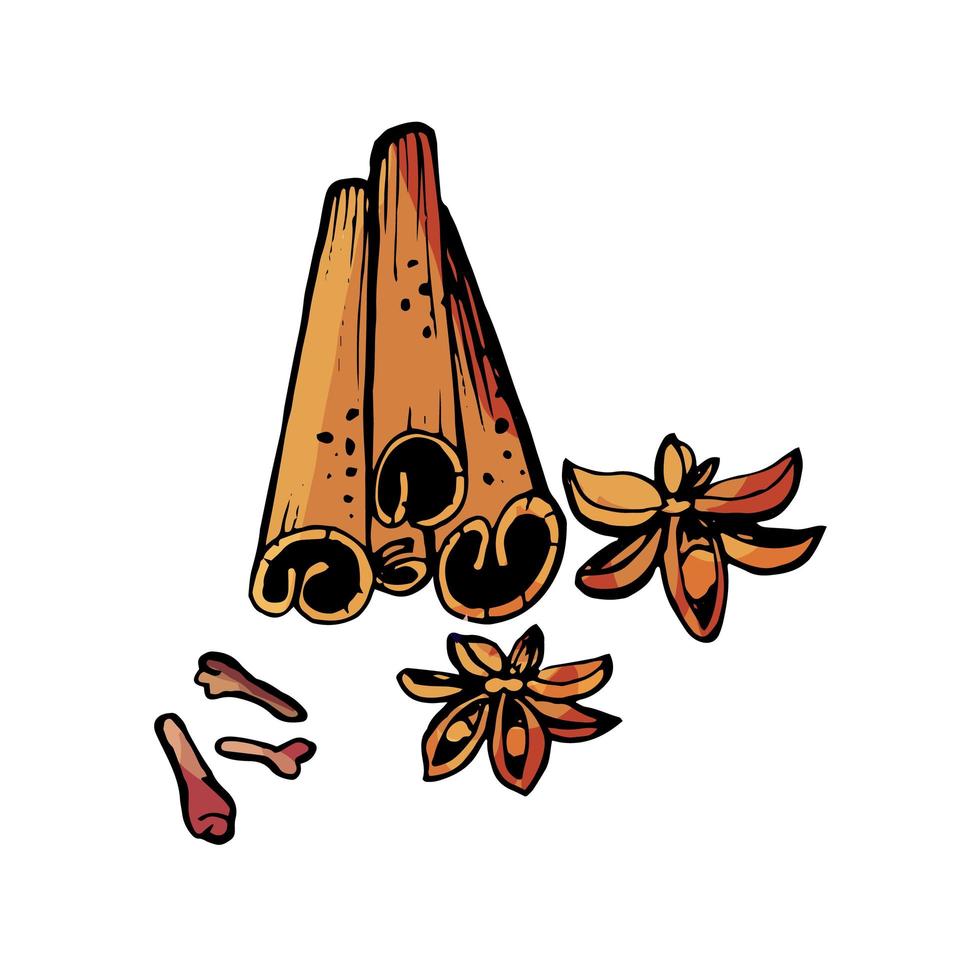 illustrazione disegnata a mano di bastoncini di cannella di chiodi di garofano isolato su sfondo bianco vettore