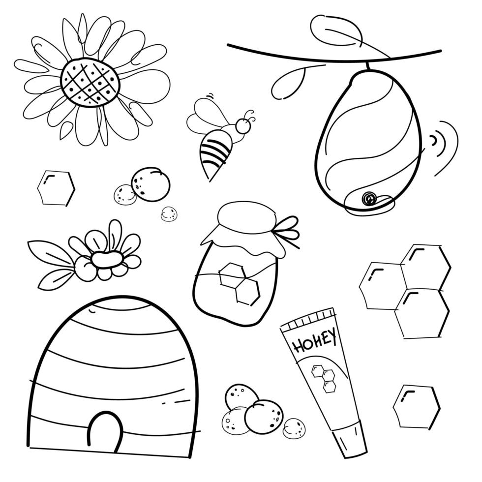 un insieme di propoli e miele. alveari a nido d'ape e prodotti a base di miele. illustrazione vettoriale isolato su sfondo bianco.
