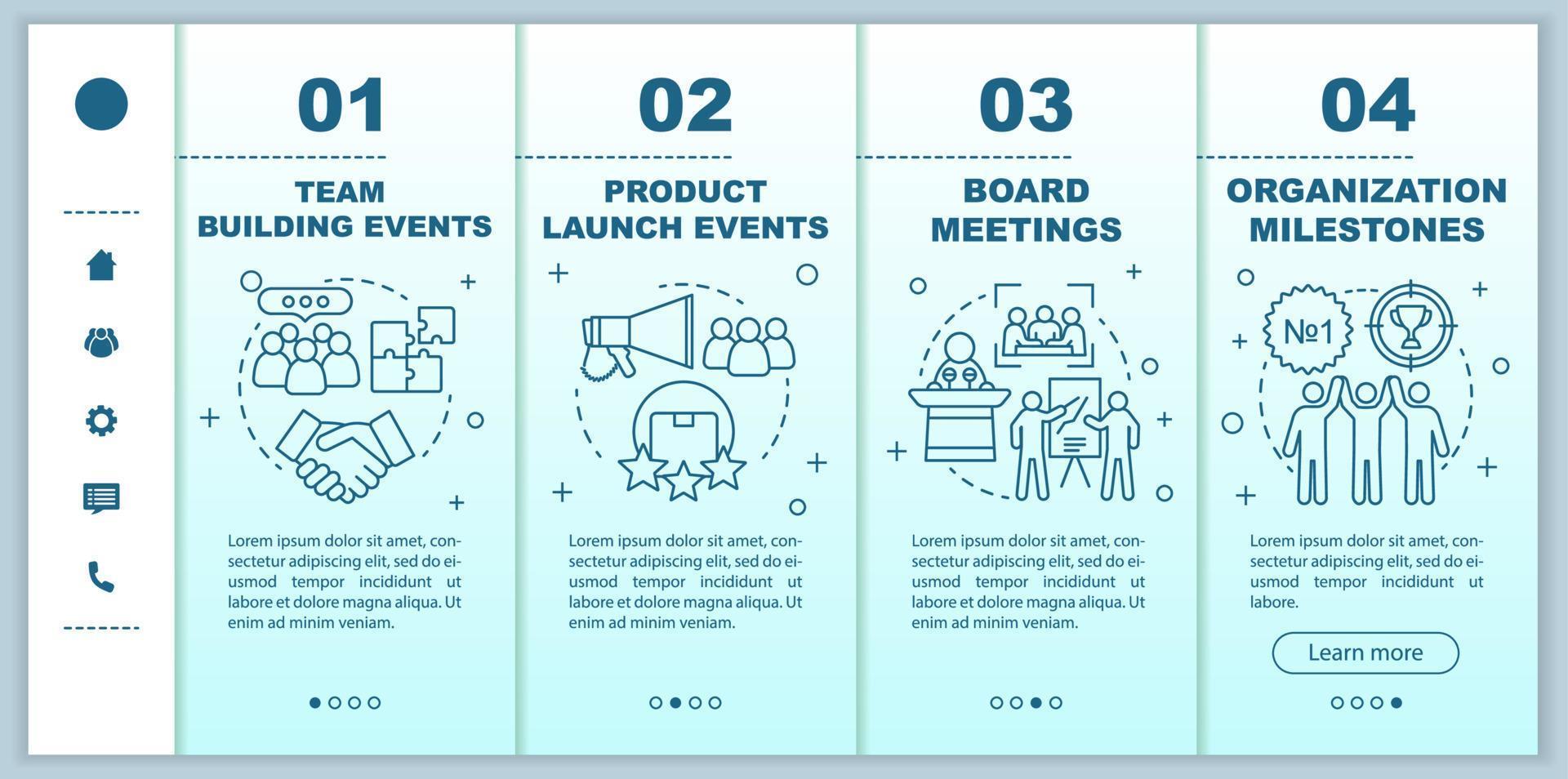 servizi di gestione degli eventi aziendali onboarding modello vettoriale di pagine Web mobili. team building, eventi di lancio di prodotti. idea di interfaccia del sito Web per smartphone reattiva con illustrazioni lineari