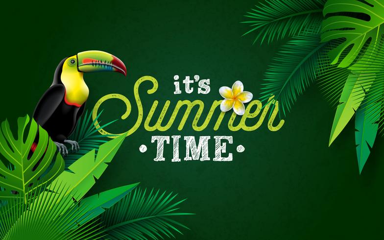 È illustrazione di ora legale con l&#39;uccello del tucano e del fiore su fondo verde. Vector Tropical Holiday Design con foglie di palma esotiche e filodendro