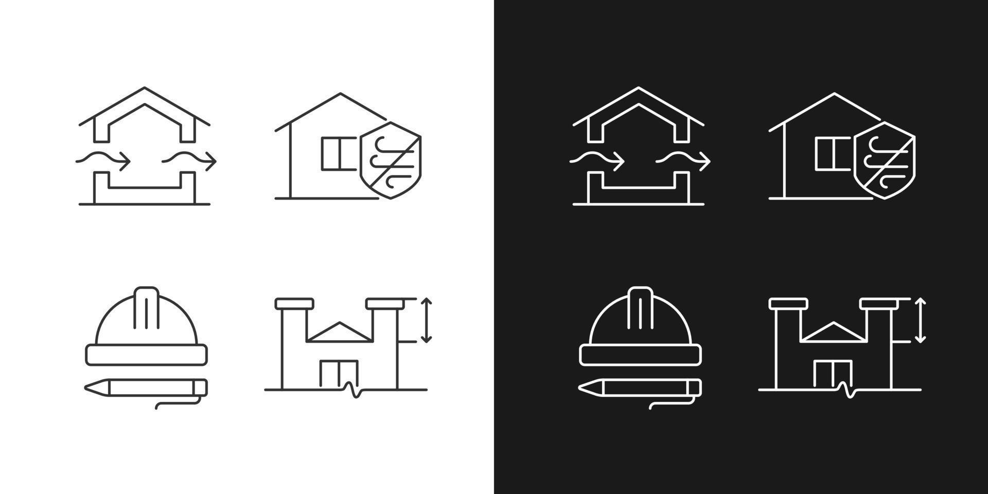 standard per le icone lineari dell'edilizia residenziale impostate per la modalità scura e chiara. ventilazione naturale. simboli di linee sottili personalizzabili. illustrazioni di contorno vettoriale isolate. tratto modificabile